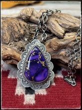 Load image into Gallery viewer, Kee Johnson, Navajo silversmith.  Sterling silver and Purple Haze (composite stone) necklace.  
