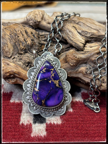 Kee Johnson, Navajo silversmith.  Sterling silver and Purple Haze (composite stone) necklace.  