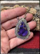 Load image into Gallery viewer, Kee Johnson, Navajo silversmith.  Sterling silver and Purple Haze (composite stone) necklace.  
