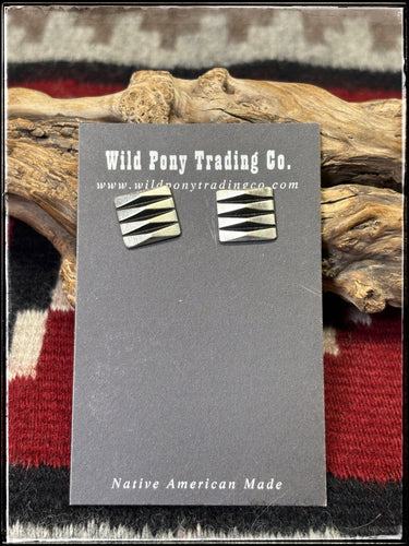 Leander Tahe, Navajo silversmith.  Sterling silver, geometric overlay stud earrings. 