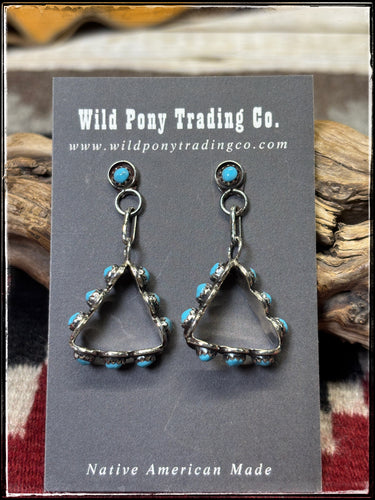 Zuni handmade sterling silver and turquoise triangular drop earrings. 