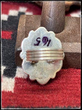 Load image into Gallery viewer, Turquoise cluster ring from Navajo silversmith Priscilla Reeder.    Hallmark stamp. 
