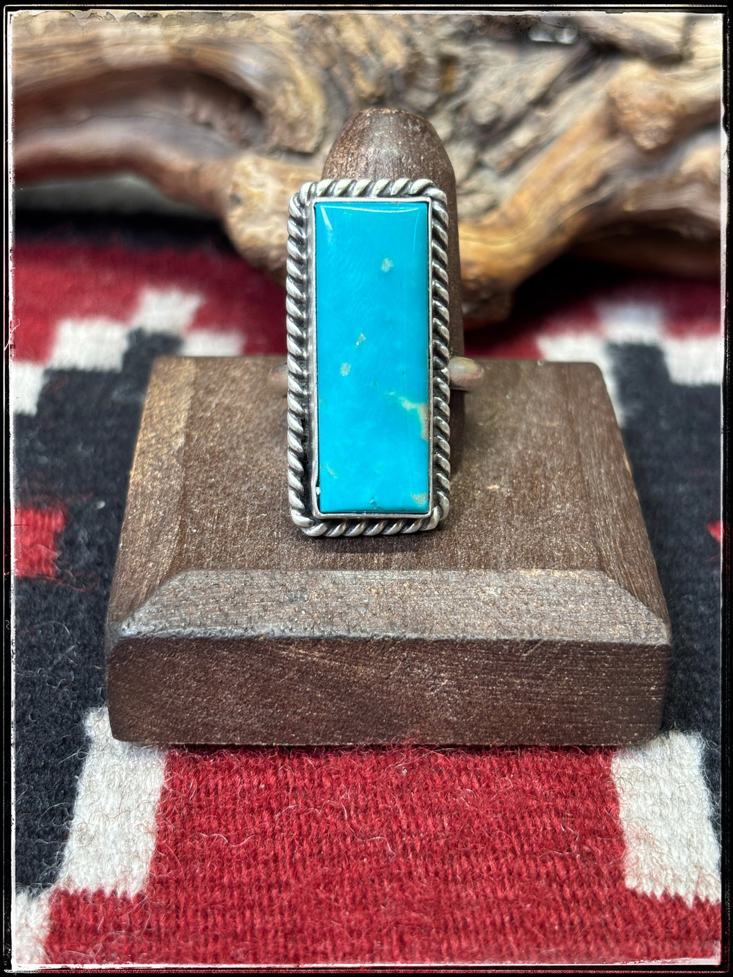 Johnny Dixon, Navajo silversmith.  Sterling silver and blue Kingman turquoise bar ring. 