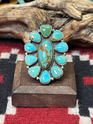 Geraldine James, Navajo silversmith.  Sterling silver and mixed Kingman turquoise cluster ring. 