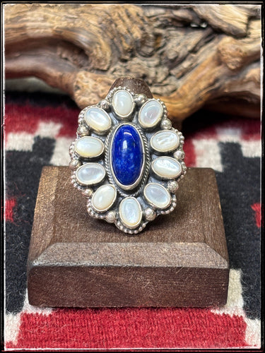 Sheila Becenti, Navajo silversmith.  Sterling silver, lapis lazuli, and mother of pearl cluster ring. 