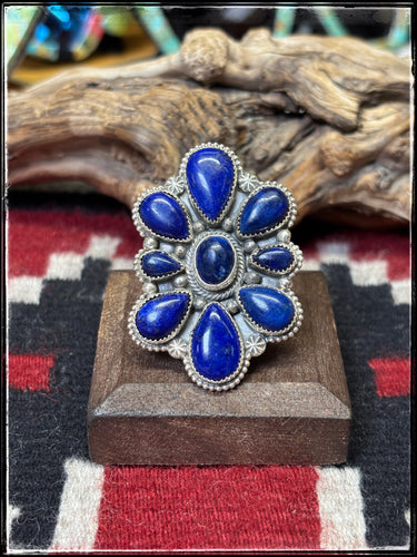 Sheila Becenti, Navajo silversmith.  Sterling silver and lapis cluster ring.  Sz 10. 