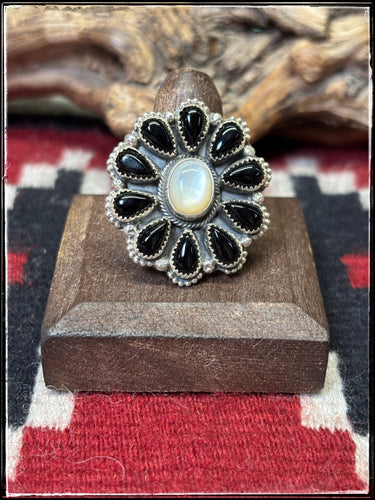 Sheila Becenti, Navajo silversmith.  Sterling silver, black onyx, and mother of pearl cluster ring.  Size 9.