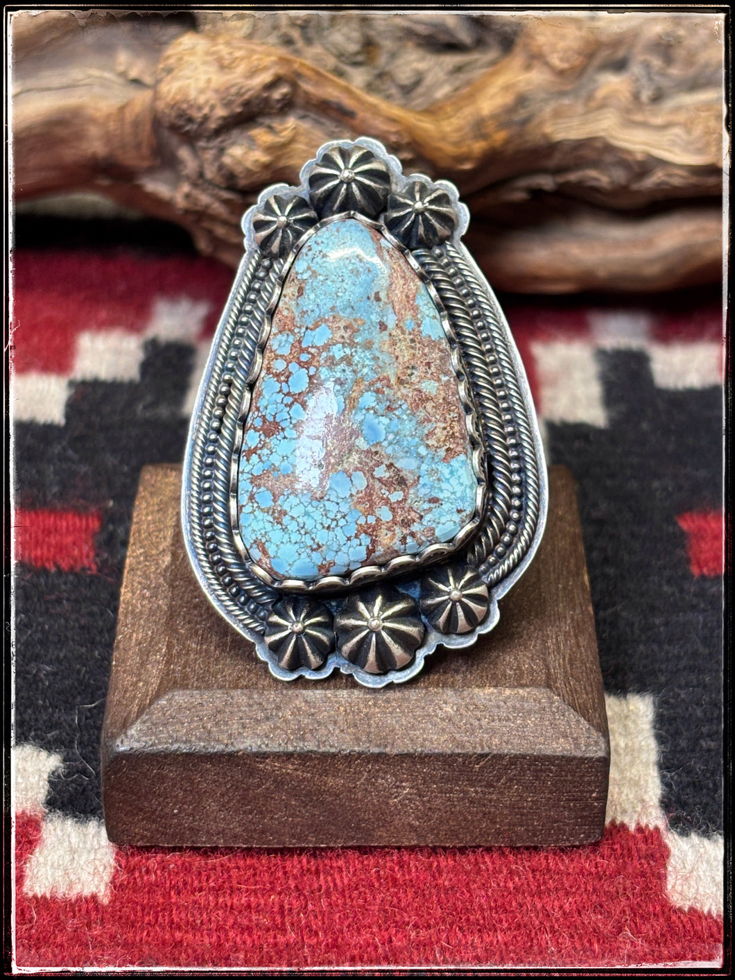 Mark Yazzie, Navajo silversmith.  Sterling silver and large Golden Hills nugget ring. Adjustable band. 