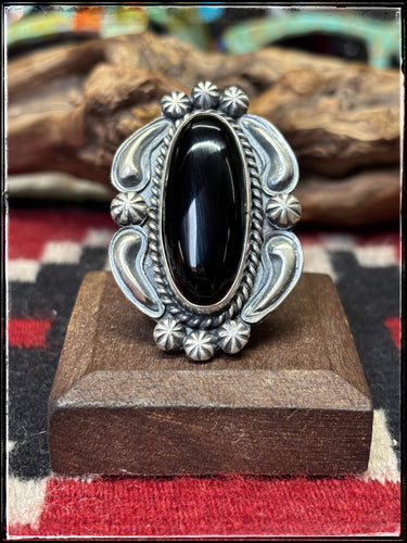 Jeff James Jr.  Navajo silversmith.  Sterling silver and black onyx ring.  Size 9. 