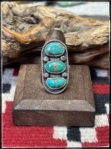 Priscilla Reeder, Navajo silversmith.  Sterling silver and turquoise bar ring. 