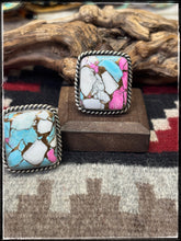Load image into Gallery viewer, Augustine Largo, Navajo silversmith. Sterling silver and Cotton Candy  square rings. 
