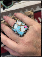 Load image into Gallery viewer, Augustine Largo, Navajo silversmith. Sterling silver and Cotton Candy  square rings. 
