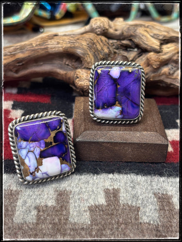 Augustine Largo, Navajo silversmith. Sterling silver and Lavender Dahlia square rings. 