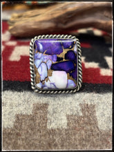 Load image into Gallery viewer, Augustine Largo, Navajo silversmith. Sterling silver and Lavender Dahlia square rings. 
