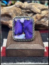 Load image into Gallery viewer, Augustine Largo, Navajo silversmith. Sterling silver and Lavender Dahlia square rings. 
