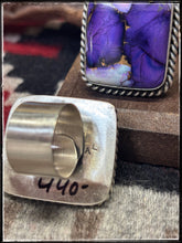 Load image into Gallery viewer, Augustine Largo, Navajo silversmith. Sterling silver and Lavender Dahlia square rings.  Hallmark stamp. 
