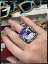 Load image into Gallery viewer, Augustine Largo, Navajo silversmith. Sterling silver and Lavender Dahlia square rings. 
