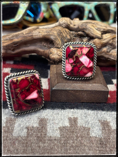 Augustine Largo, Navajo silversmith. Sterling silver and Rose Dahlia square rings. 