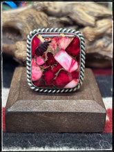 Load image into Gallery viewer, Augustine Largo, Navajo silversmith. Sterling silver and Rose Dahlia square rings. 
