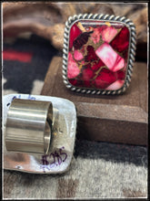 Load image into Gallery viewer, Augustine Largo, Navajo silversmith. Sterling silver and Rose Dahlia square rings. Hallmark stamp. 
