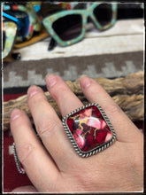 Load image into Gallery viewer, Augustine Largo, Navajo silversmith. Sterling silver and Rose Dahlia square rings. 
