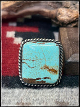 Load image into Gallery viewer, Augustine Largo, Navajo silversmith.  Sterling silver and Kingman turquoise square rings with an adjustable band.  
