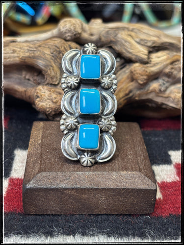 Jeff James Jr. Navajo silversmith.  Sterling silver and turquoise bar ring. 