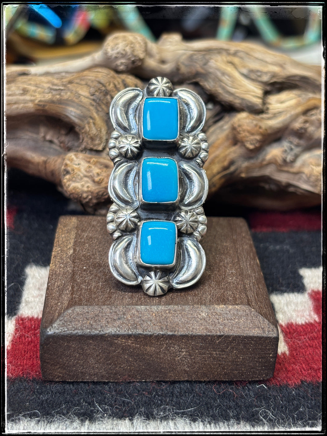 Jeff James Jr. Navajo silversmith.  Sterling silver and turquoise bar ring. 