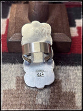 Load image into Gallery viewer, Jeff James Jr. Navajo silversmith.  Sterling silver and turquoise bar ring.  Hallmark stamp. 
