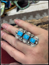 Load image into Gallery viewer, Jeff James Jr. Navajo silversmith.  Sterling silver and turquoise bar ring. 
