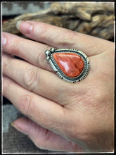Load image into Gallery viewer, Alfred Martinez, Navajo silversmith. Orange spiny shell and sterling silver ring. Adjustable band. 
