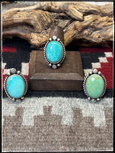 Eugene Belone, Navajo silversmith.  Sterling silver and Kingman turquoise oval rings.  