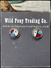 Load image into Gallery viewer, Zuni sun face inlay earrings.  Handmade by Zuni artists. 
