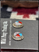 Load image into Gallery viewer, Zuni sun face inlay earrings.  Handmade by Zuni artists. 
