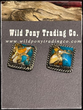 Load image into Gallery viewer, Kingman turquoise and orange spiny oyster  composite stud earrings set in sterling silver. Navajo made by Judith Dixon.
