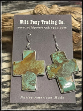 Load image into Gallery viewer, Veronica Tortalita, Santo Domingo Artist. Turquoise slab earrings, wrapped in sterling silver. 
