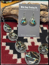 Load image into Gallery viewer, Mary Ann Spencer, Navajo silversmith.  Sterling silver and Blackjack turquoise Y necklace set with earrings.  
