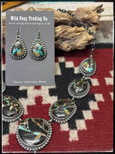 Load image into Gallery viewer, Mary Ann Spencer, Navajo silversmith.  Sterling silver and Blackjack turquoise Y necklace set with earrings.  
