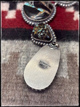 Load image into Gallery viewer, Mary Ann Spencer, Navajo silversmith.  Sterling silver and Blackjack turquoise Y necklace set with earrings.    Hallmark stamp. 
