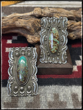 Load image into Gallery viewer, Shannon Tahe, Navajo silversmith.  Sterling silver and turquoise, elongated shield style bar rings 
