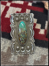 Load image into Gallery viewer, Shannon Tahe, Navajo silversmith.  Sterling silver and turquoise, elongated shield style bar rings  Ring A. 
