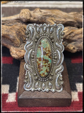 Load image into Gallery viewer, Shannon Tahe, Navajo silversmith.  Sterling silver and turquoise, elongated shield style bar rings. Ring B. 
