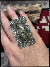 Load image into Gallery viewer, Shannon Tahe, Navajo silversmith.  Sterling silver and turquoise, elongated shield style bar rings   
