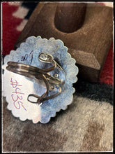 Load image into Gallery viewer, Sterling silver, blue turquoise, and black onyx cluster ring.  Adjustable band, Navajo handmade.  Hallmarked BJ   Hallmark stamp. 
