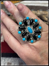 Load image into Gallery viewer, Sterling silver, blue turquoise, and black onyx cluster ring.  Adjustable band, Navajo handmade.  Hallmarked BJ 
