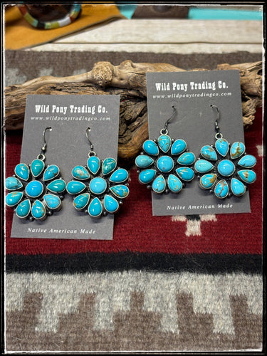 Anna Spencer, Navajo silversmith.  Sterling silver and Kingman cluster earrings.