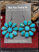 Load image into Gallery viewer, Anna Spencer, Navajo silversmith.  Sterling silver and Kingman cluster earrings. Pair B. 
