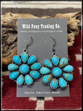 Load image into Gallery viewer,  Anna Spencer, Navajo silversmith.  Sterling silver and Kingman cluster earrings. Pair A. 
