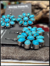 Load image into Gallery viewer, Anna Spencer, Navajo silversmith.  Sterling silver and Kingman cluster earrings.
