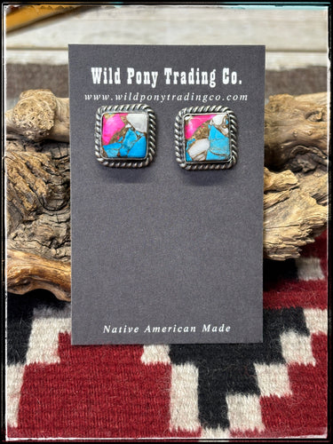 Byron Begay, Navajo silversmith.  Sterling silver and pink  and blue cotton candy composite square studs. 